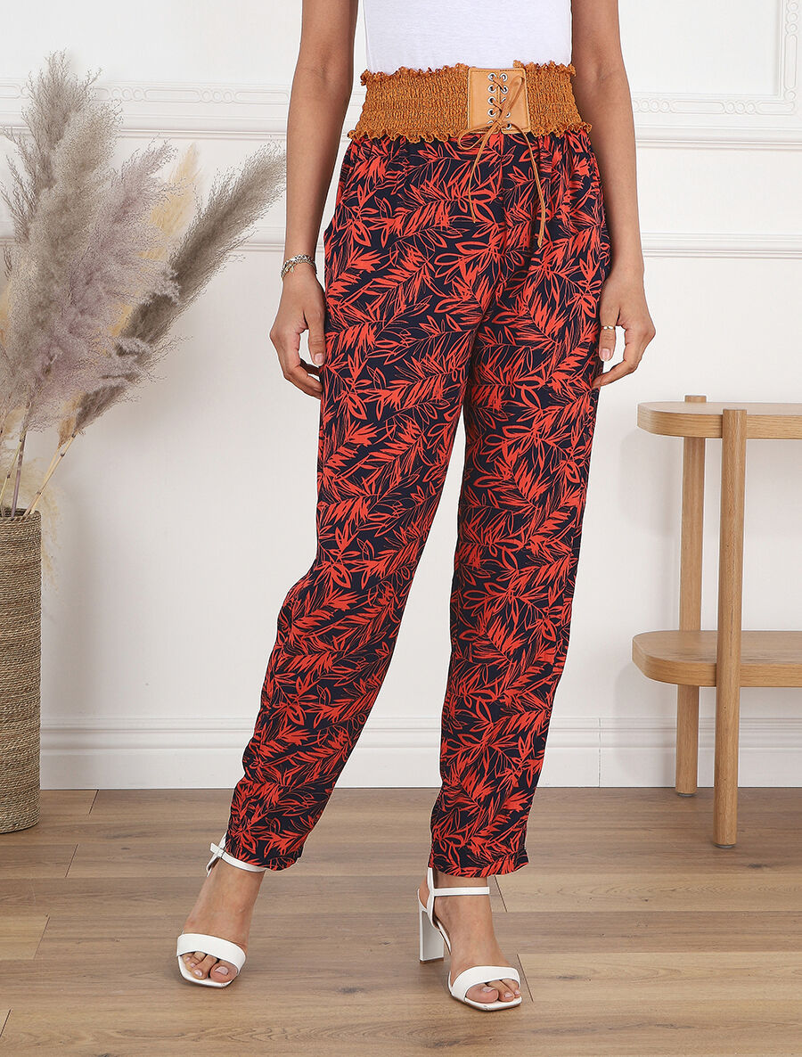 Pantalon droit taille haute imprimé végétal - Rouge - 4