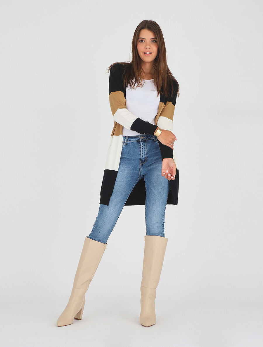 Gilet long rayé à capuche - Noir - 4