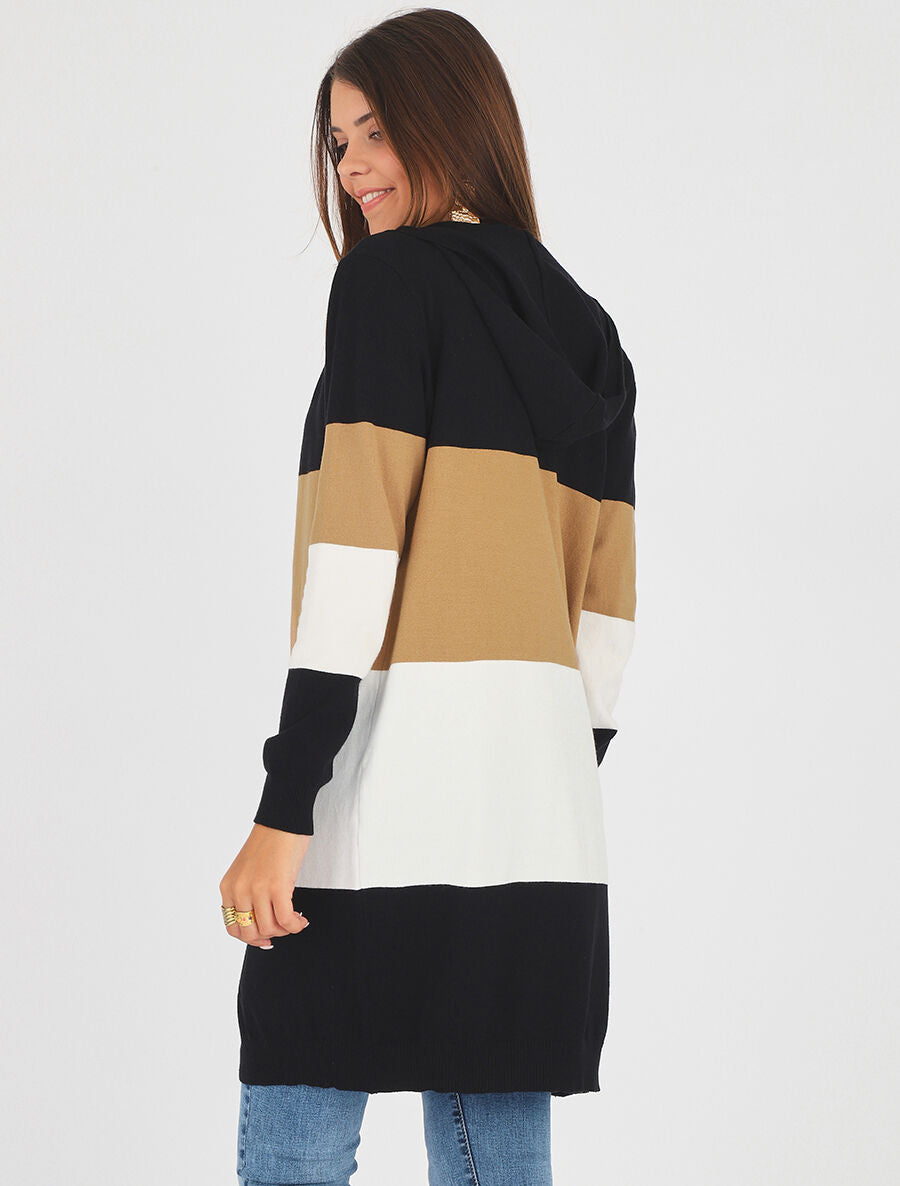 Gilet long rayé à capuche - Noir - 5