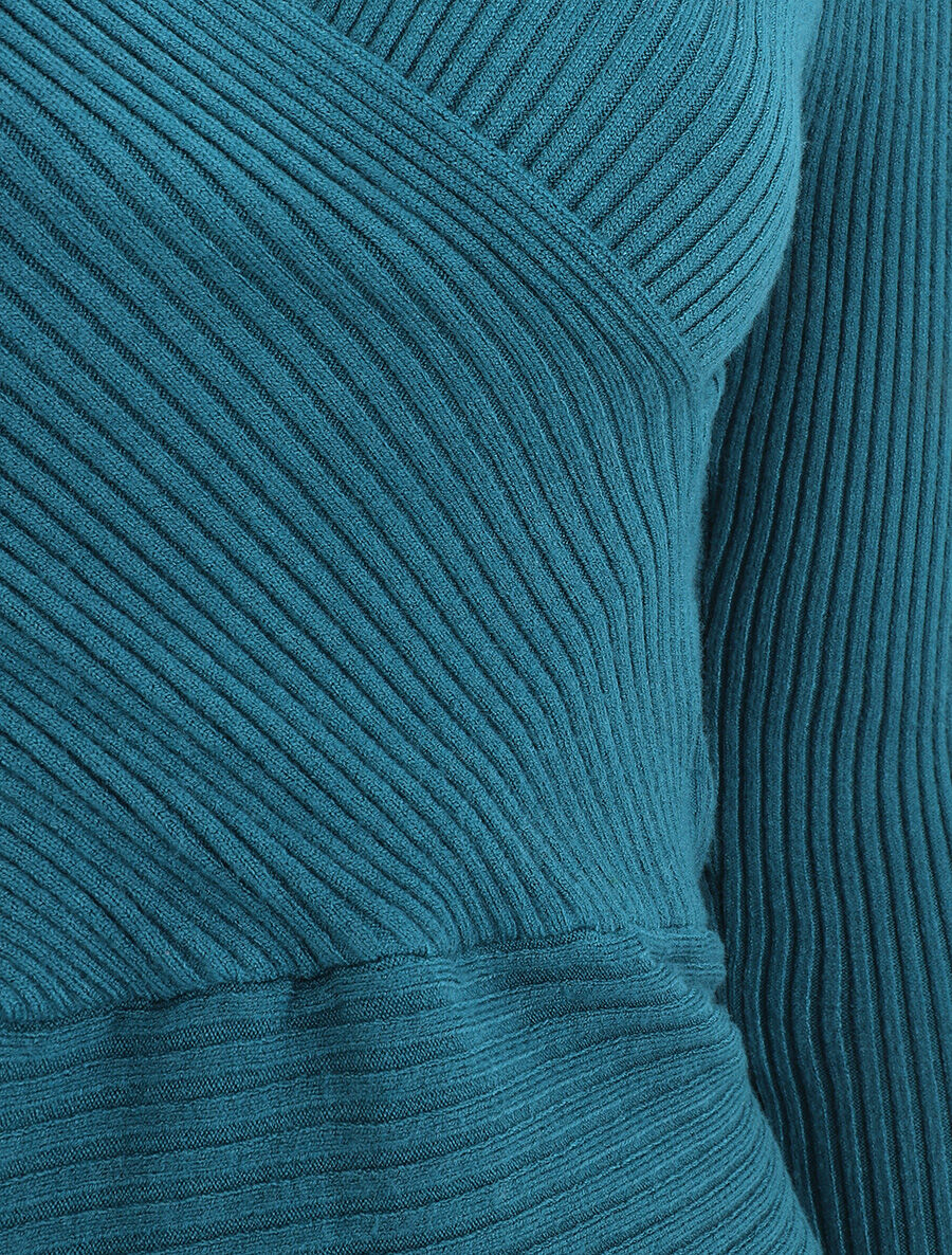 Pull côtelé uni à col cache-coeur - Bleu canard - 3