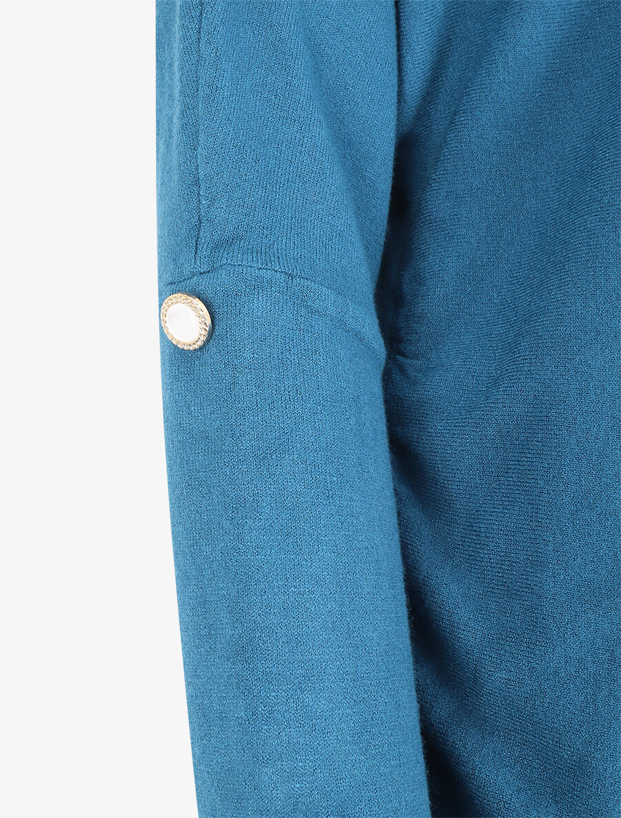 Pull uni à boutons décoratifs aux manches - Bleu canard - 3