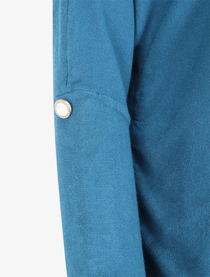 Pull uni à boutons décoratifs aux manches - Bleu canard - 3