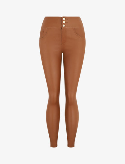 Pantalon slim taille haute effet ciré - Camel - 1