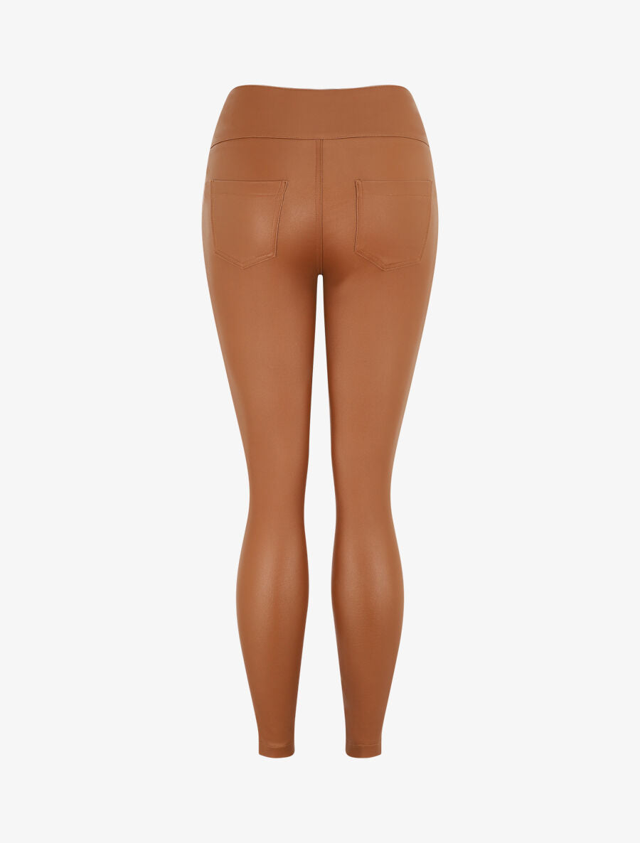Pantalon slim taille haute effet ciré - Camel - 2