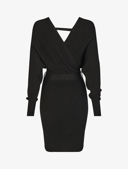 Robe mi-longue en maille à manches longues - Noir - 2