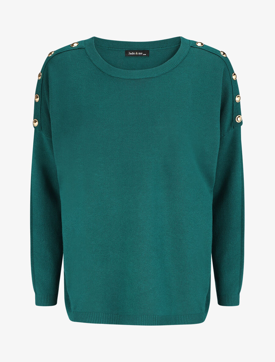 Pull fin à col rond et boutons décoratifs - Vert sapin - 1