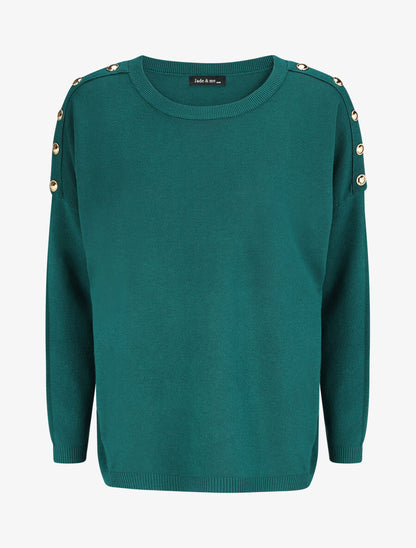 Pull fin à col rond et boutons décoratifs - Vert sapin - 1