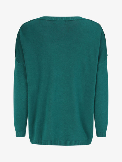 Pull fin à col rond et boutons décoratifs - Vert sapin - 2