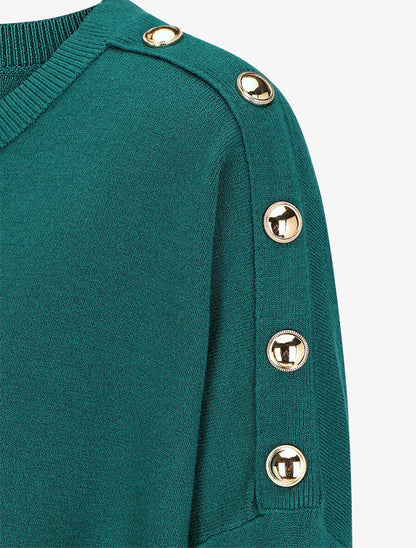 Pull fin à col rond et boutons décoratifs - Vert sapin - 3