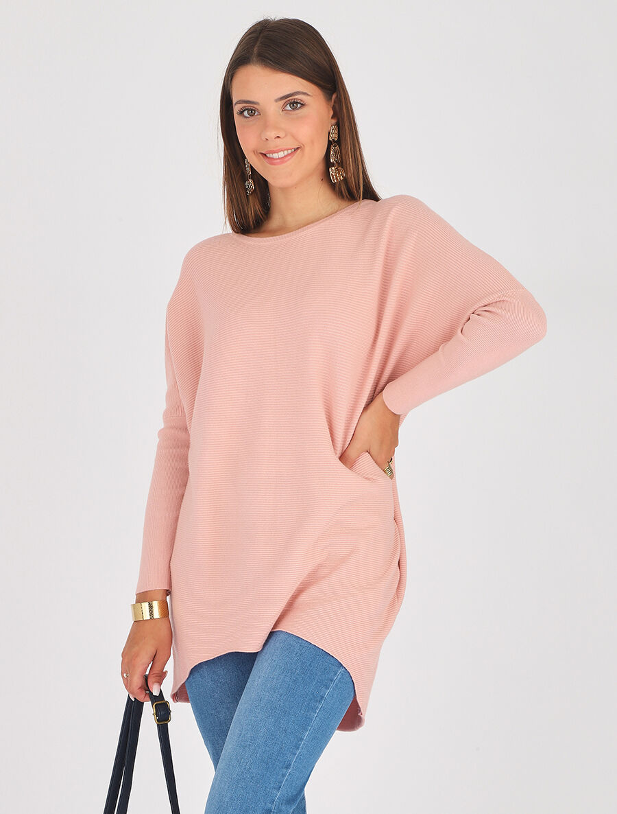 Pull oversize uni côtelé - Rose - 4