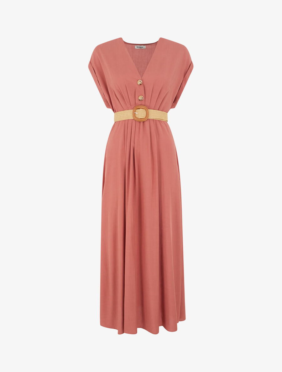 Robe longue unie élastiquée - Corail - 1