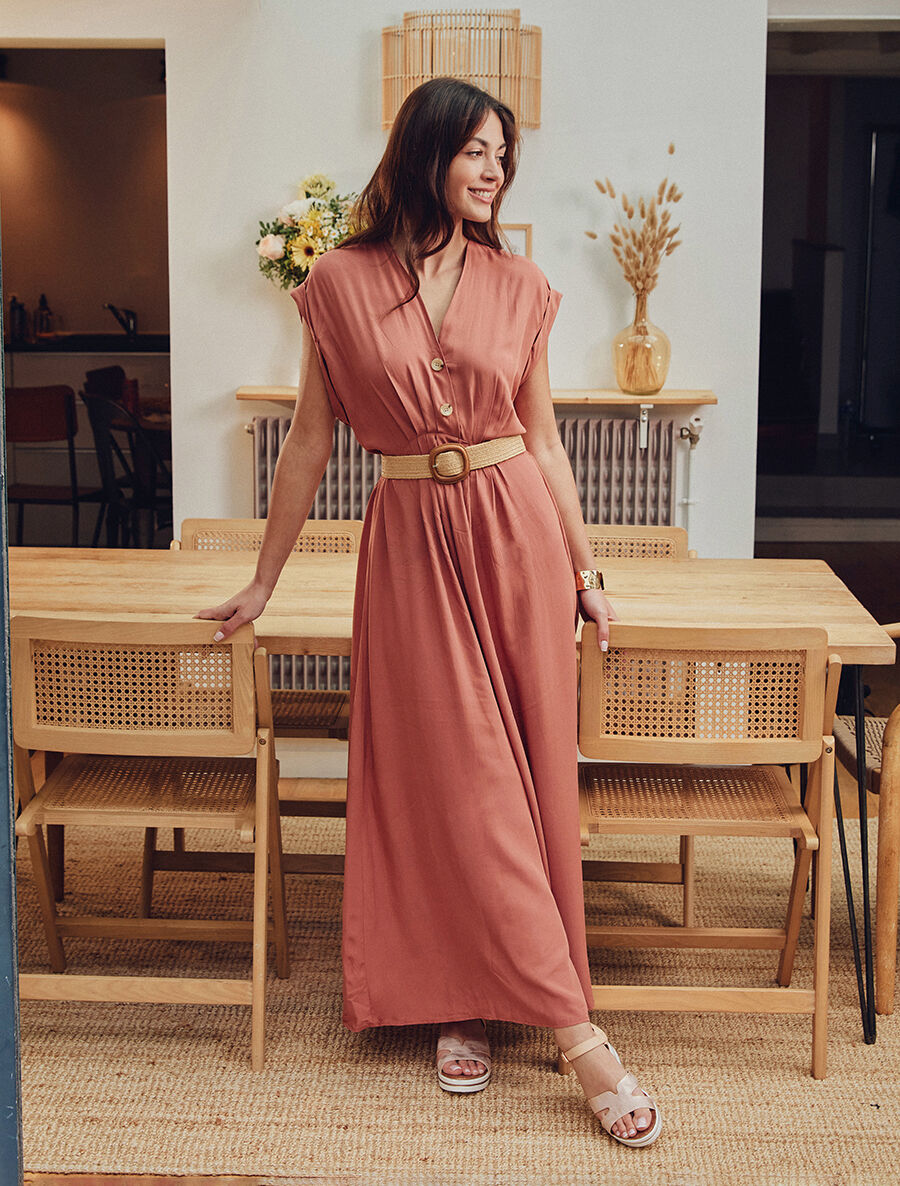 Robe longue unie élastiquée - Corail - 4