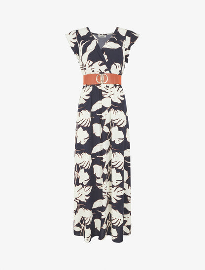 Robe fleurie à manches courtes volantées - Marine - 1