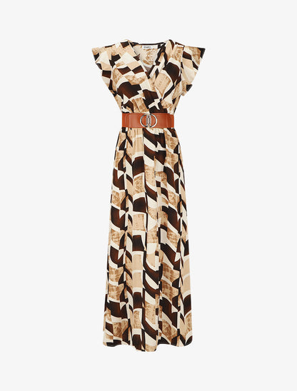 Robe imprimé graphique à manches courtes volantées - Beige - 1