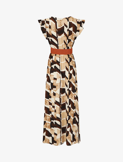 Robe imprimé graphique à manches courtes volantées - Beige - 2