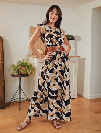 Robe imprimé graphique à manches courtes volantées - Beige - 4