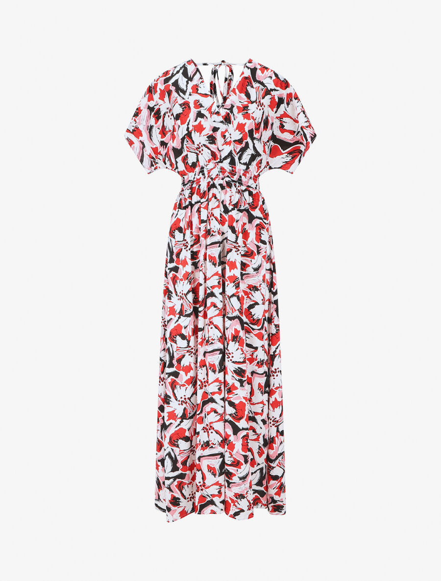 Robe longue manches courtes imprimé tropical - Rouge - 1