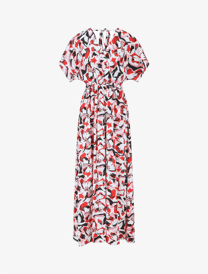 Robe longue manches courtes imprimé tropical - Rouge - 1