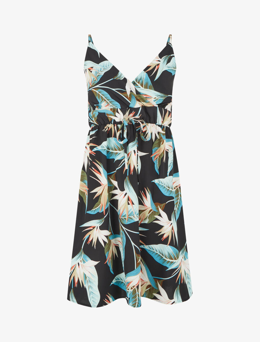 Robe mi-longue imprimé feuilles - Noir - 1