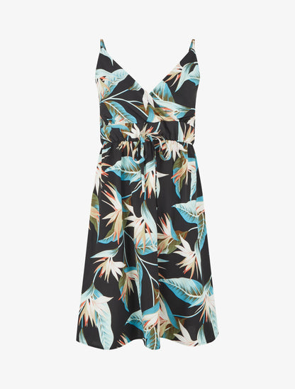 Robe mi-longue imprimé feuilles - Noir - 1