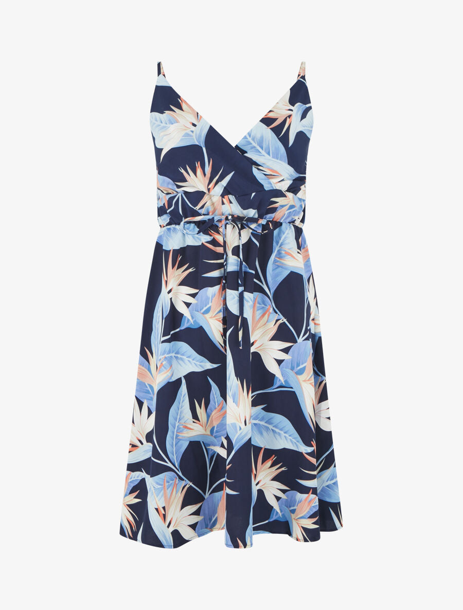 Robe mi-longue imprimé feuilles - Marine - 1