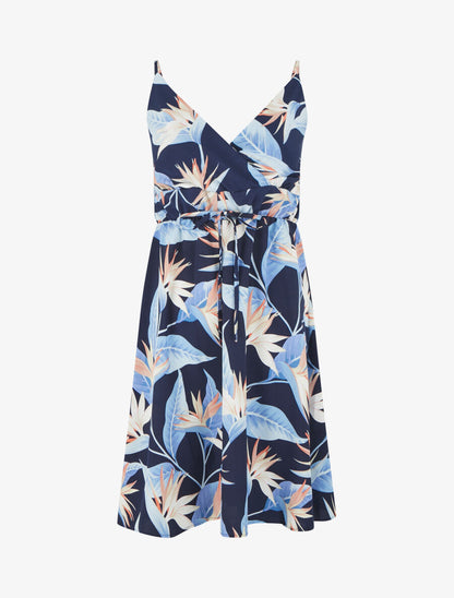 Robe mi-longue imprimé feuilles - Marine - 1