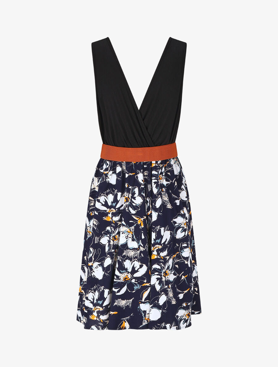 Robe mi-longue sans manches imprimé floral - Marine - 2