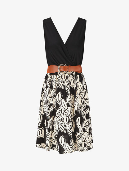 Robe mi-longue sans manches imprimé végétal - Noir - 1