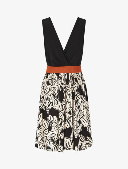 Robe mi-longue sans manches imprimé végétal - Noir - 2