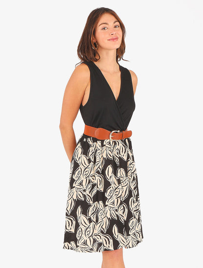 Robe mi-longue sans manches imprimé végétal - Noir - 4