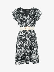 Robe mi-longue imprimé floral irisé - Noir - 1