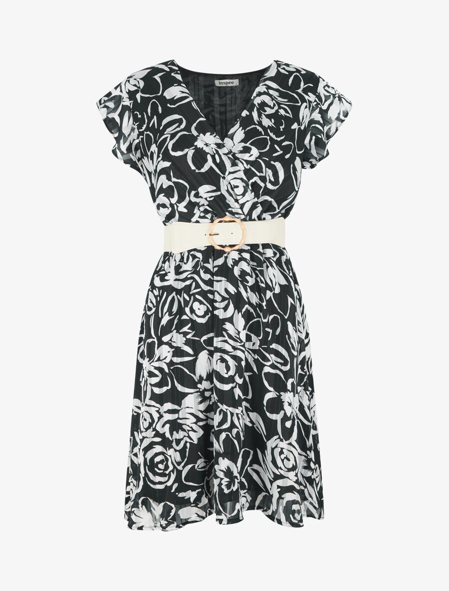 Robe mi-longue imprimé floral irisé - Noir - 1