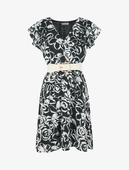 Robe mi-longue imprimé floral irisé - Noir - 1