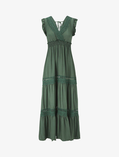 Robe longue unie ajourée - Vert sapin - 1