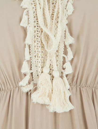 Robe longue évasée unie - Beige - 3