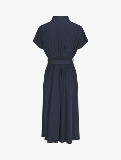 Robe chemise longue évasée et unie - Marine - 2