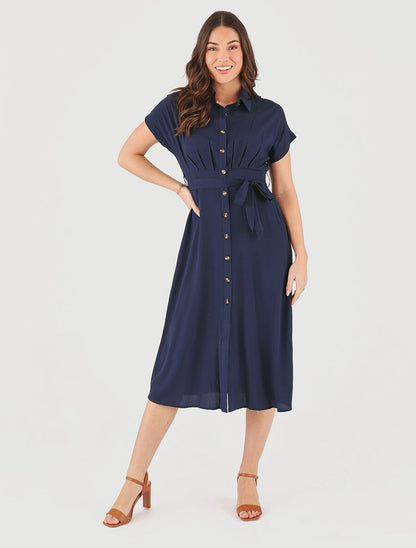 Robe chemise longue évasée et unie - Marine - 4