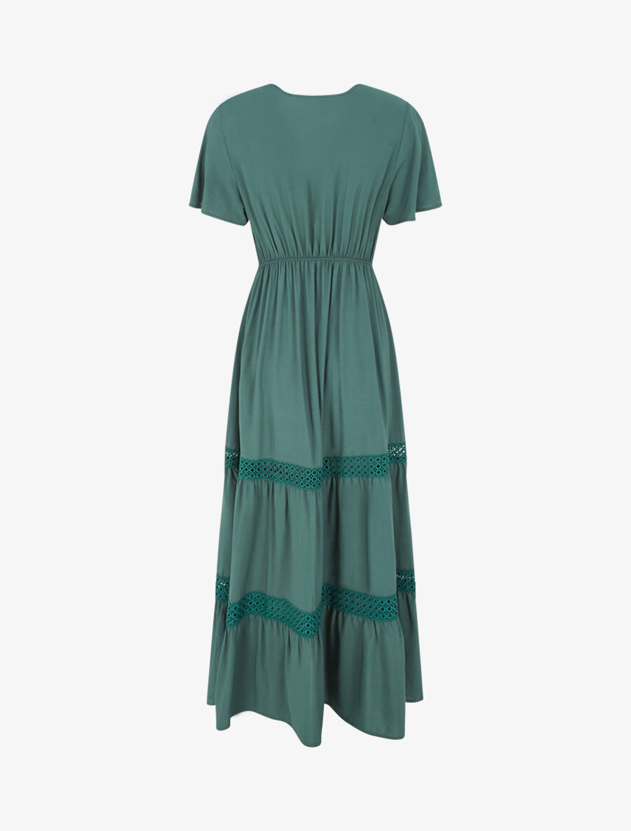 Robe longue évasée à empiècements en dentelle ajourée - Vert foncé - 2