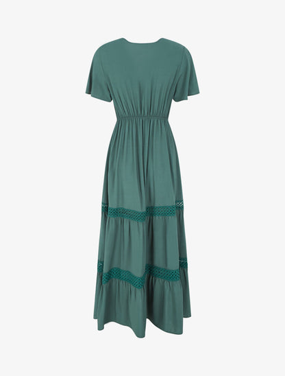 Robe longue évasée à empiècements en dentelle ajourée - Vert foncé - 2