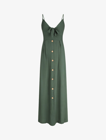Robe longue unie à boutons décoratifs - Vert - 4