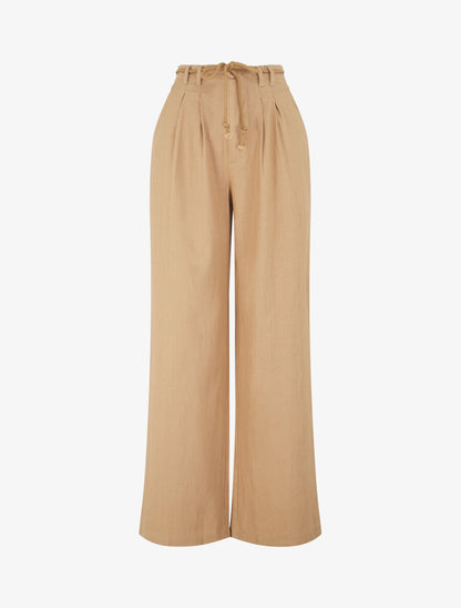Pantalon large élastiqué effet lin - Camel - 4