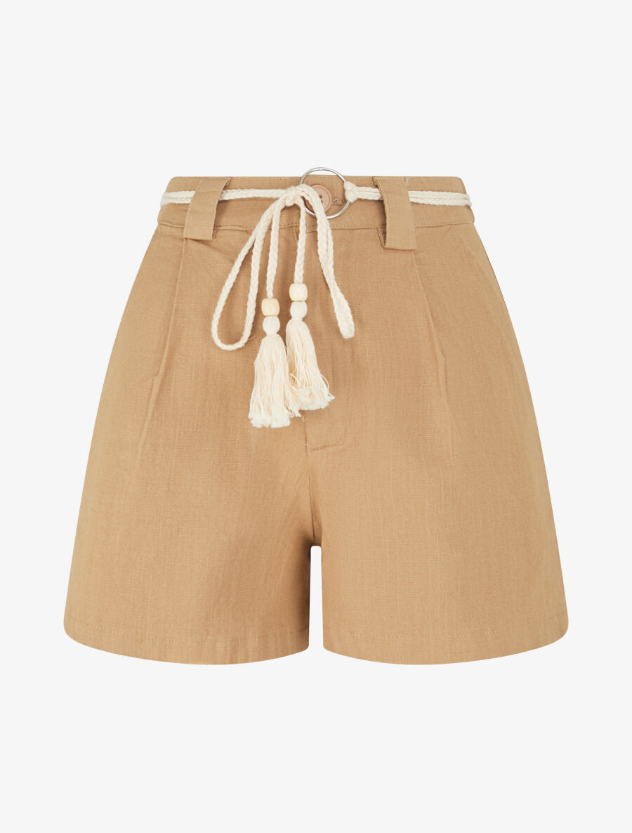 Short élastiqué effet lin - Camel - 1