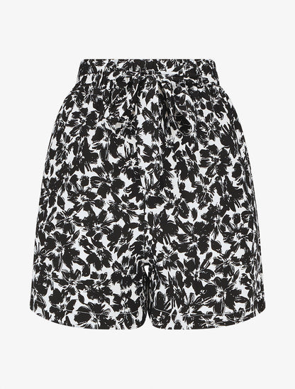 Short fluide imprimé fleurs et ceinturé - Noir - 1