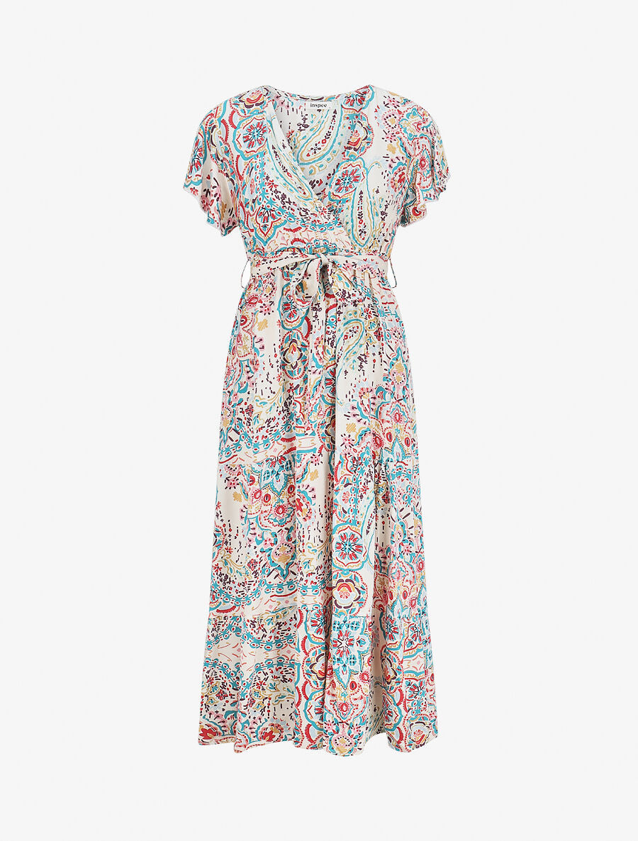 Robe longues motif floral à mancherons - Bleu canard - 1