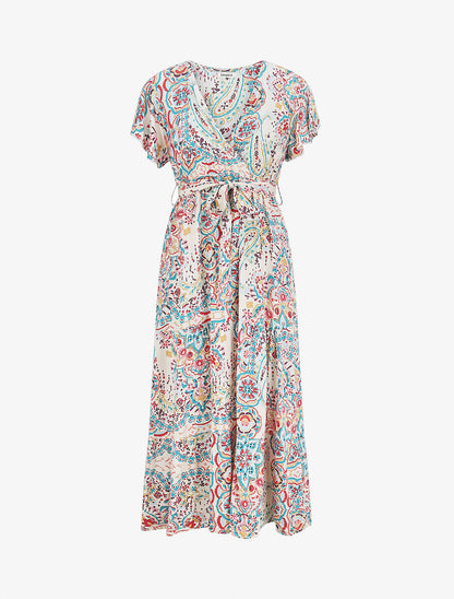 Robe longues motif floral à mancherons - Bleu canard - 1
