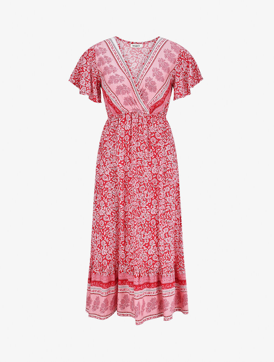 Robe longue à fleurs et manches courtes - Rouge - 1