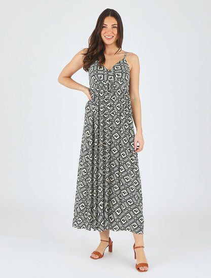 Robe longue à fines bretelles imprimé graphique - Vert - 4