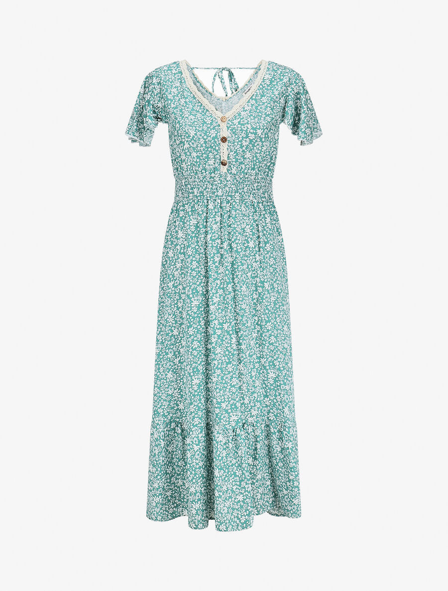 Robe longue manches courtes à petites fleurs - Vert d&