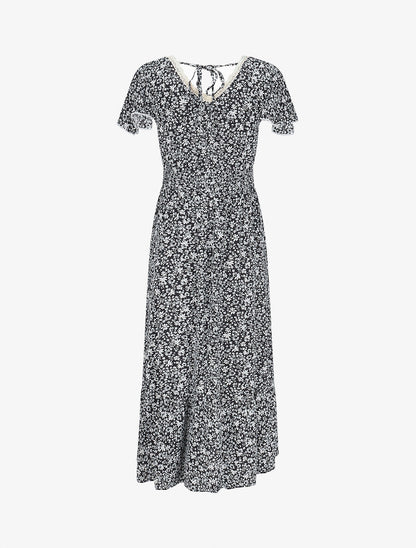 Robe longue manches courtes à petites fleurs - Marine - 2
