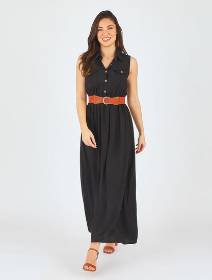 Robe longue unie sans manches - Noir - 4